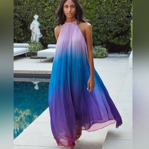 L'ATISTE Purple and Blue Ombré Pleated Maxi Dress - Picture 1 of 12